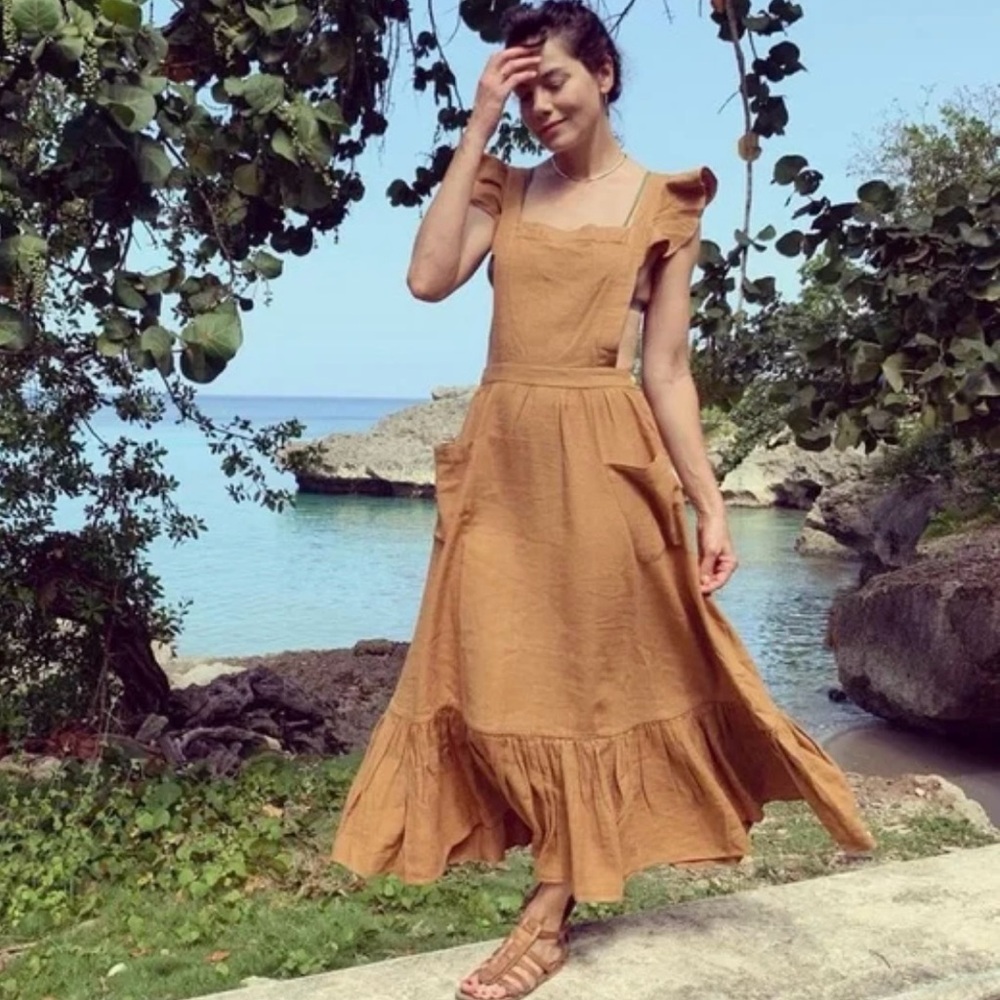Doen Pennisula Dress Pinafore Elegant Tan/Pumpkin color with Pockets ruffles VGC - Picture 14 of 14